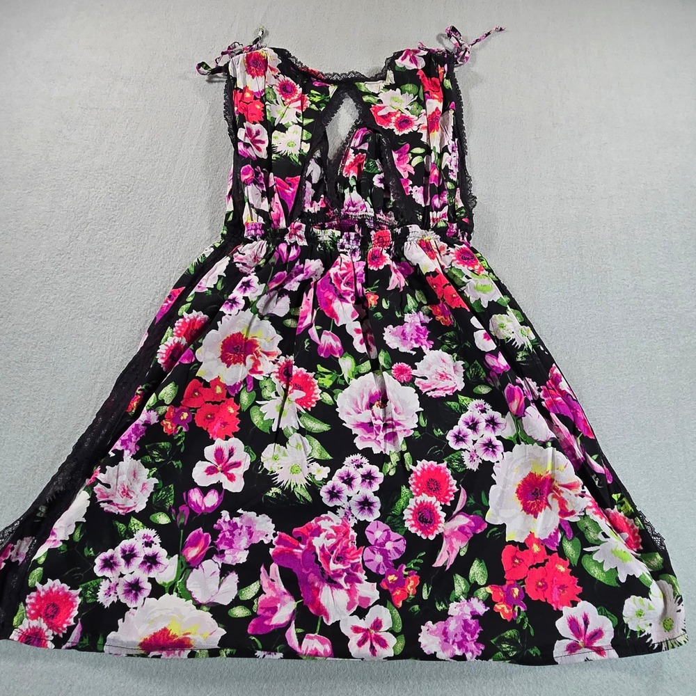 Betsey Johnson Floral Babydoll Dress Womens L Black Pink Lace Trim Open Back - Picture 3 of 7